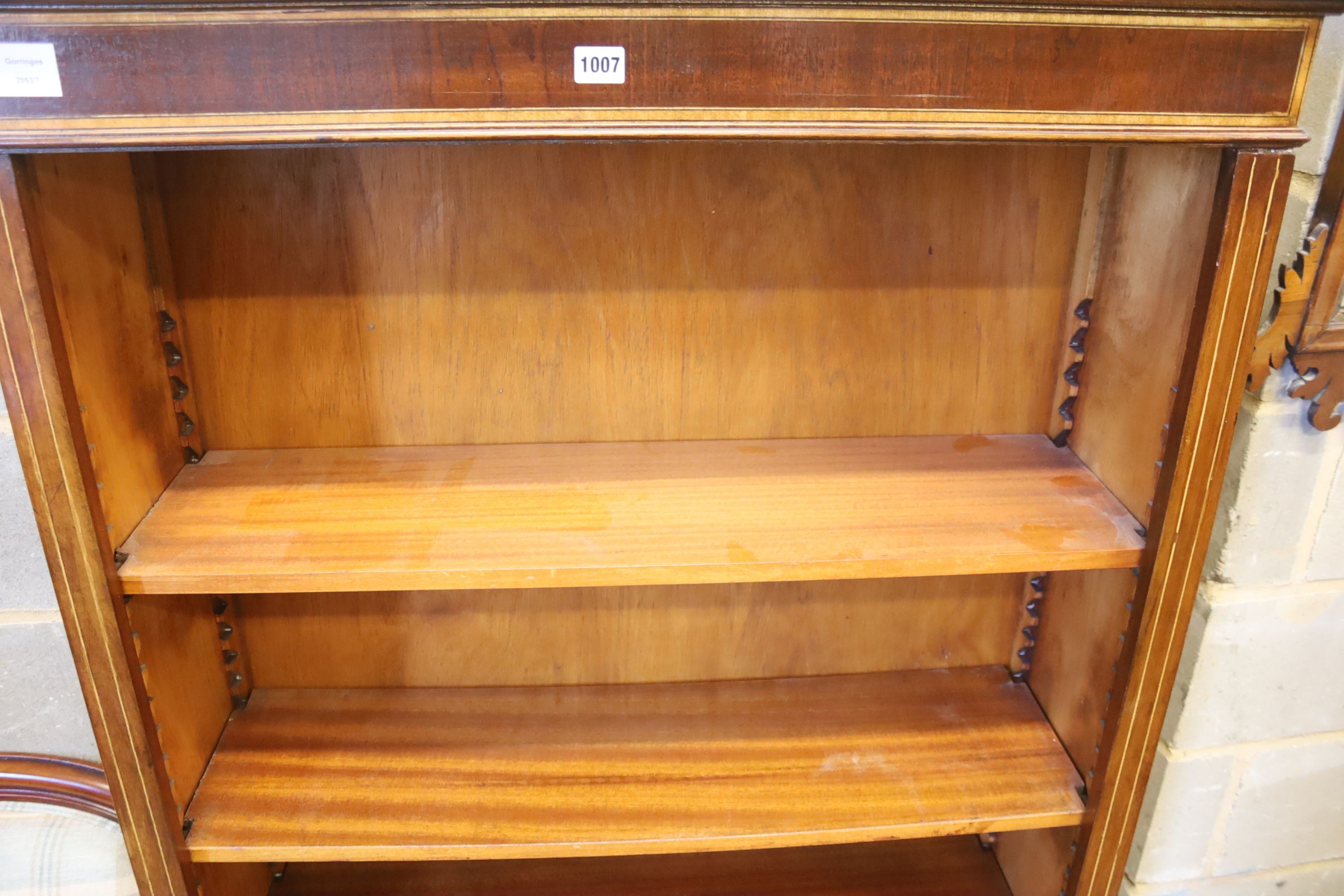 A reproduction Edwardian style banded mahogany open bookcase, width 98cm, depth 30cm, height 182cm